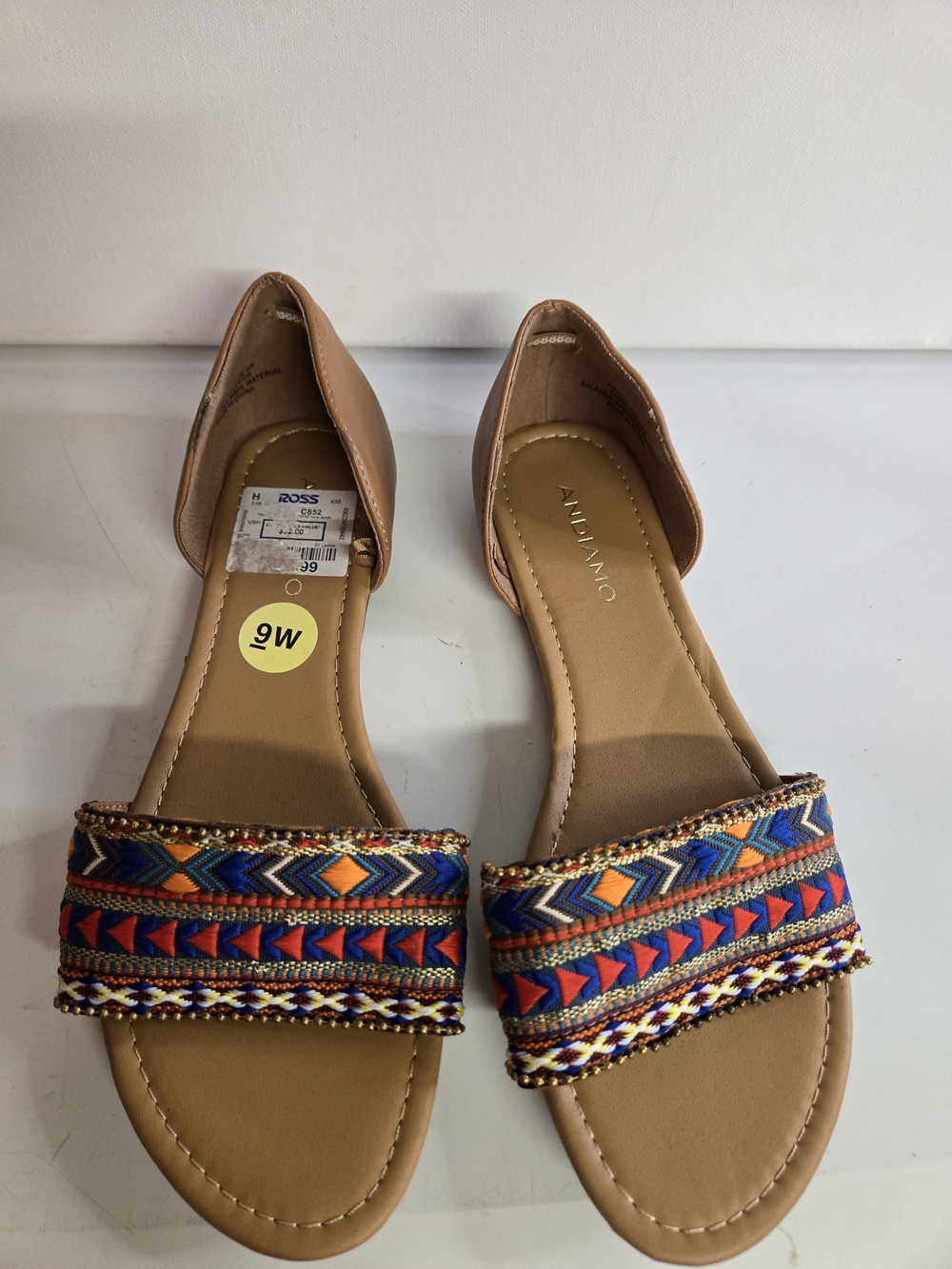 Tan Open-Toe Sandals with Colorful Embroidered Strap